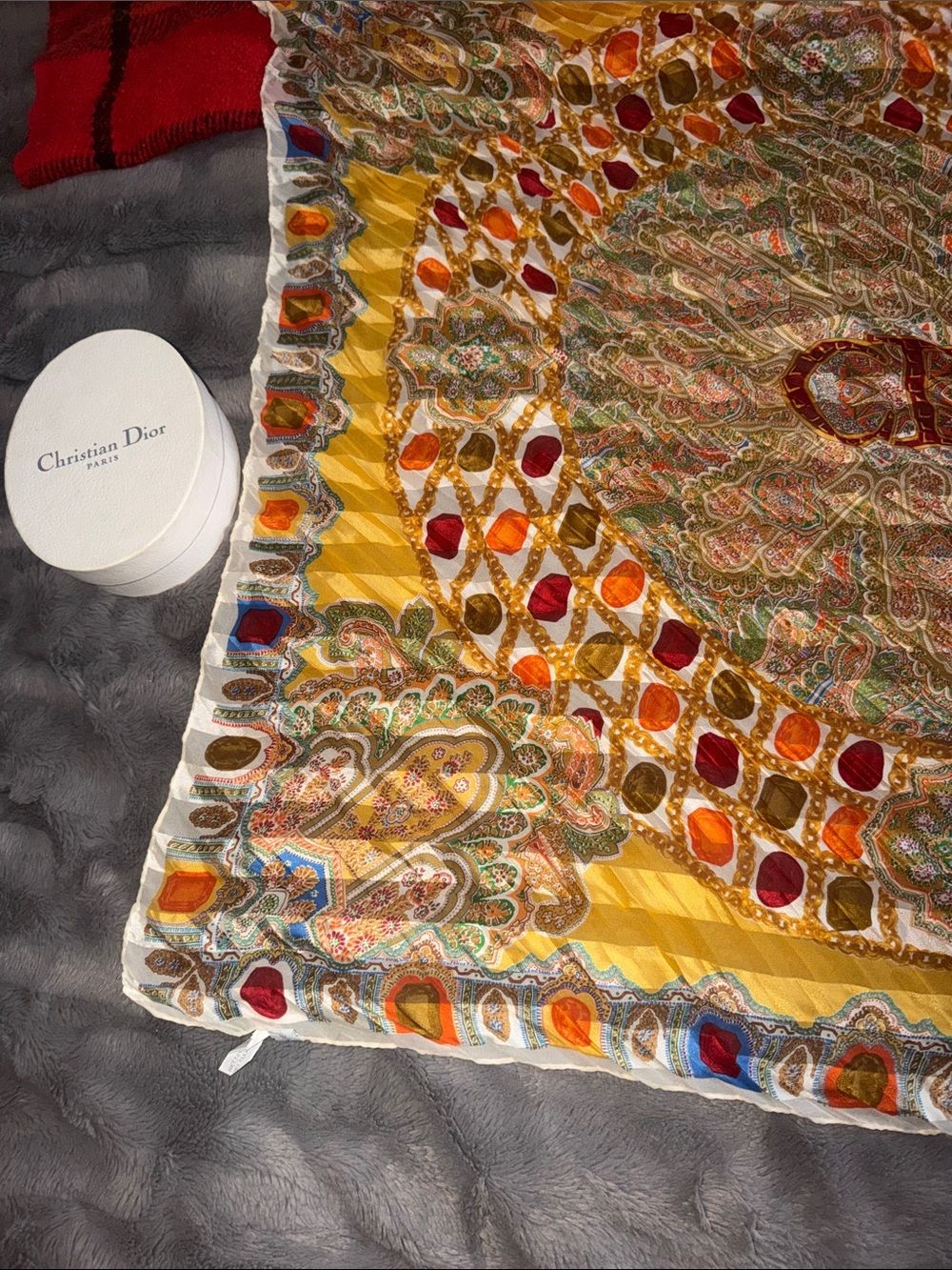 Preloved Dior Yellow Paisley Silk Scarf with Multicolor Jewel Motif size 33”